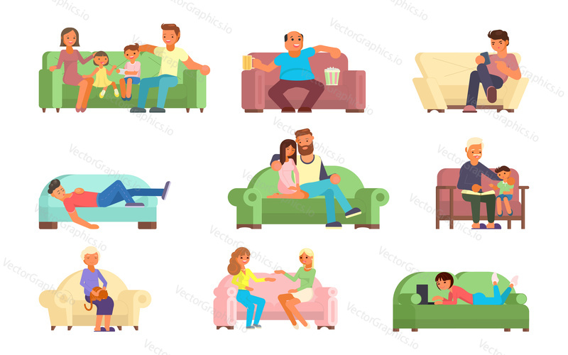 Vector illustration of different age people men, women, girls, boys, couple, mature people, family watching tv, taking rest with phone, laptop while sitting or lying on sofa. Flat style design.