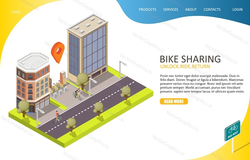 Bike sharing landing page website template. Vector isometric illustration of city street, docking station, bicycles for rent, payment terminal. Bike rental service concept.