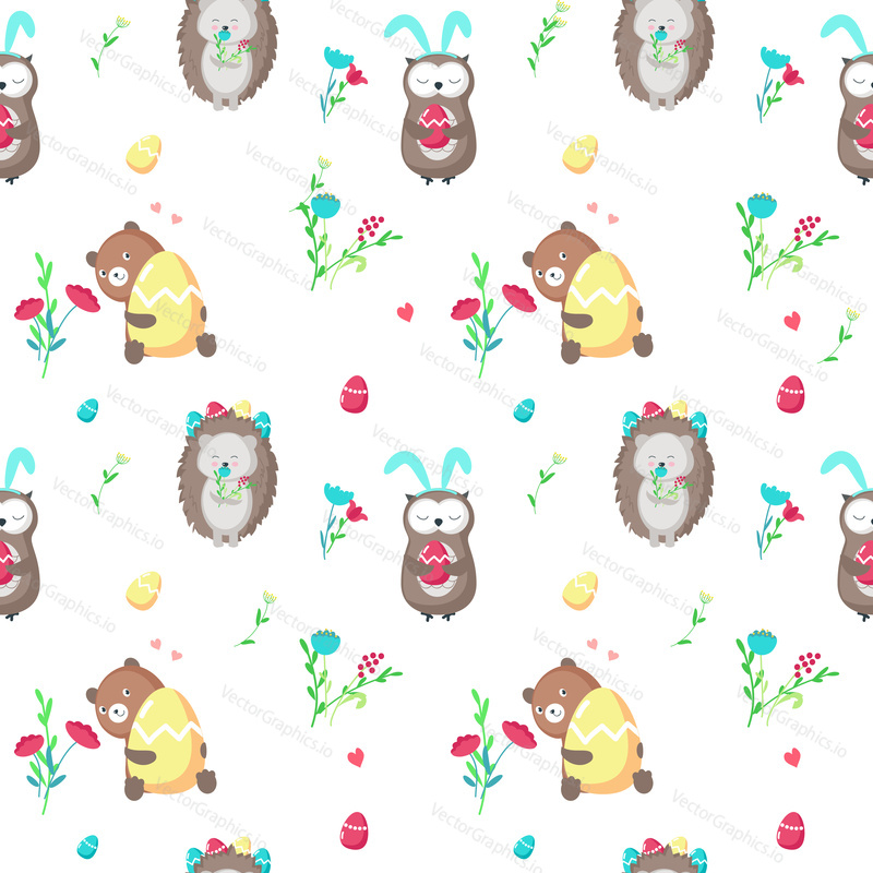 Vector seamless pattern with cute Easter hedgehog, bear and owl holding paschal eggs, spring flowers. Easter animals background, wallpaper, fabric, wrapping paper.