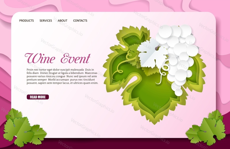 Wine event landing page website template. Vector paper cut bunch of white grapes with green leaf. Wine tasting events concept.