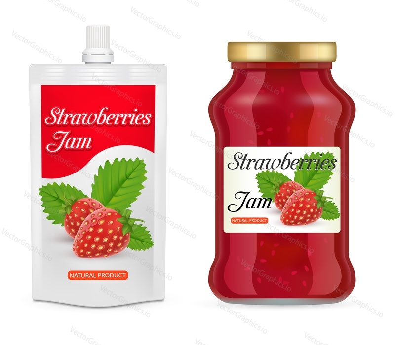 Strawberry jam packaging mockup set. Vector realistic illustration of glass jar and doypack plastic bag with strawberry jam isolated on white background.