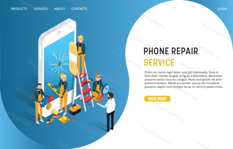 Phone repair service landing page website template. Vector isometric smartphone with shattered screen and professional techs repairing cell phone screen.
