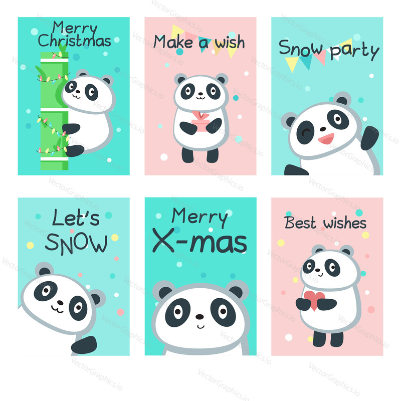Cute panda Christmas greeting cards. Merry Christmas card vector templates for kids with snowflakes, funny pandas with bamboo, gift box, heart, string pennants for party celebration, handwritten text.