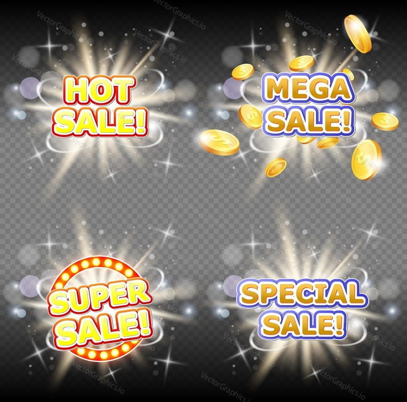 Hot mega super and special sale banner set. Vector illustration. Sale and discounts signs on transparent background.