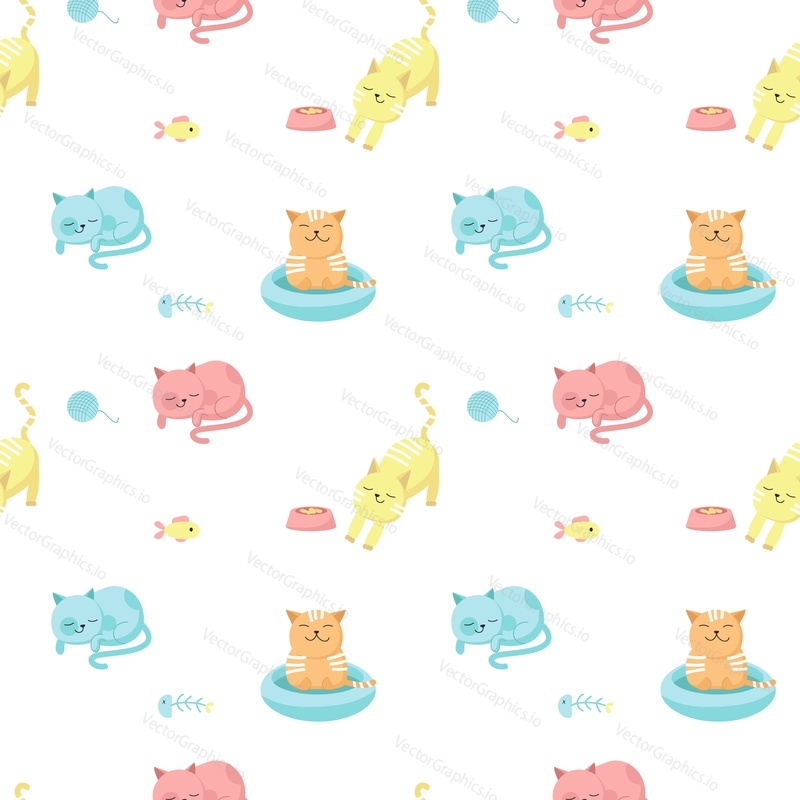 Funny cats vector seamless pattern. Creative design for fabric, textile, wallpaper, wrapping paper with happy cats eating, sleeping, taking bath.