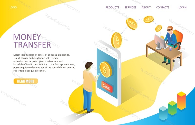 Money transfer landing page website template. Vector isometric illustration of man sending dollar coins to another man via smartphone. Mobile banking concept.