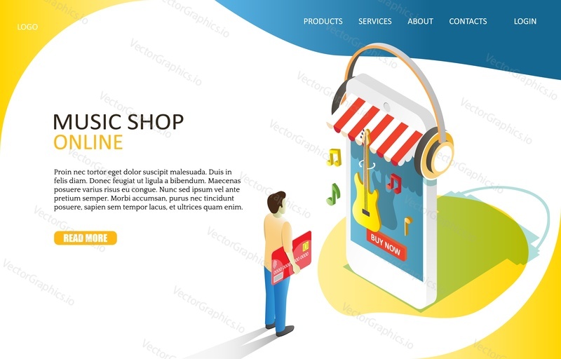 Music online shop landing page website template. Vector isometric illustration of man buying guitar via smartphone. Online shopping, e-commerce concept.