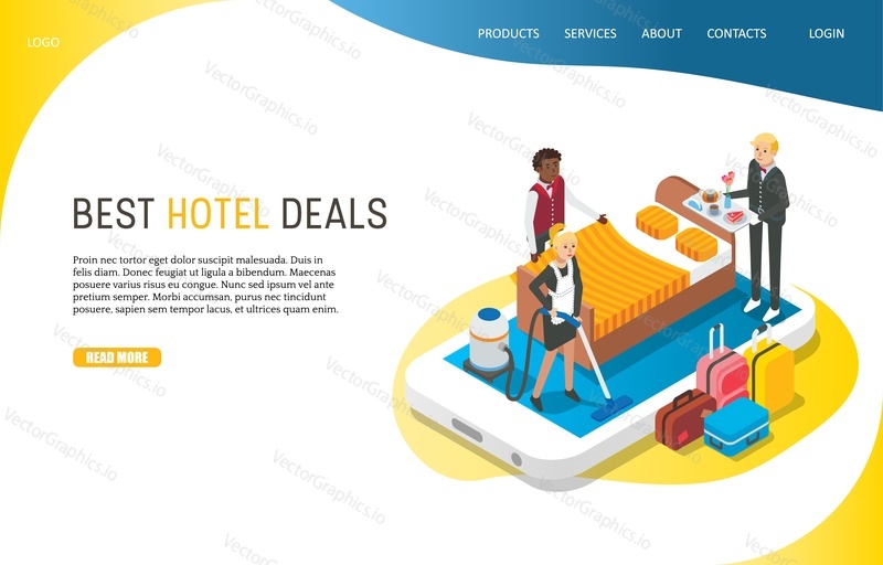 Best hotel deals landing page website template. Vector isometric illustration of smartphone with hotel staff providing customer services. Room booking online via mobile phone concept.