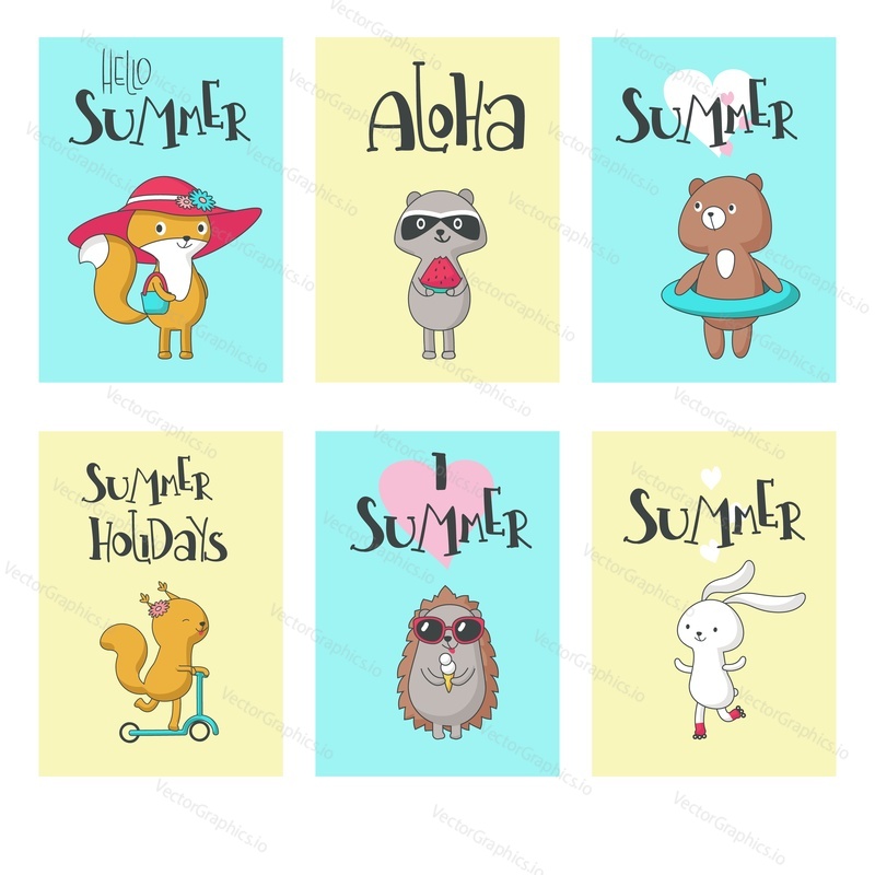 Summer card set, vector hand drawn illustration. Hello summer, aloha, I love summer, summer holidays calligraphy with cute animals squirrel, hedgehog, bear, fox, bunny and raccoon.