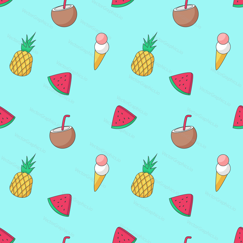 Summer seamless pattern. Vector hand drawn ice cream cones, coconut milk, pineapples and slices of watermelon.