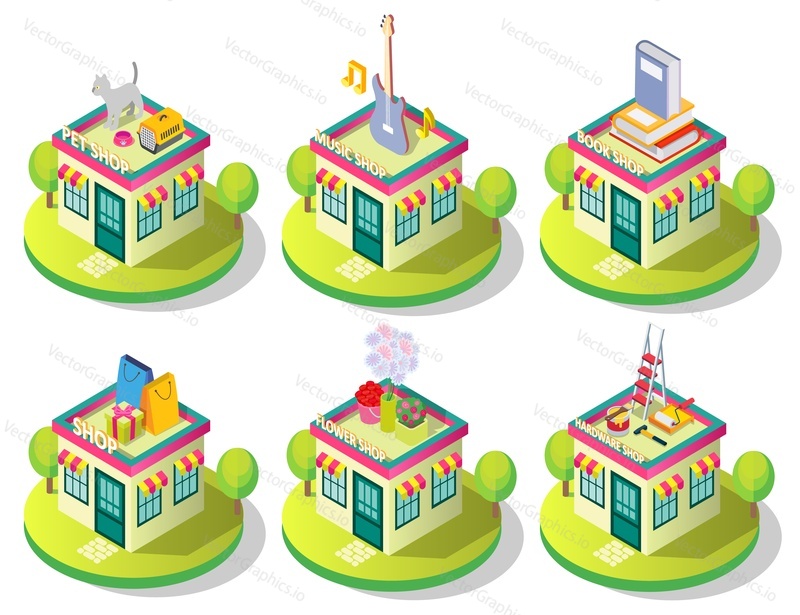 City shop building icon set. Vector isometric illustration of different shops isolated on white background. Pet music book flower and hardware store buildings exterior view.