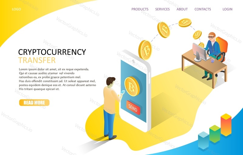 Cryptocurrency transfer landing page website template. Vector isometric illustration of man sending bitcoins to another man via smartphone. Bitcoin digital currency transaction concept.