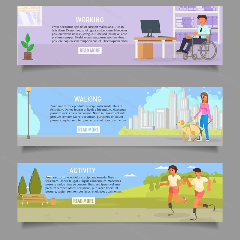 Disabled people web banner template set. Vector flat illustration of handicapped young man and women working, walking and doing sports using prosthesis, wheelchair, blind woman with guide dog.