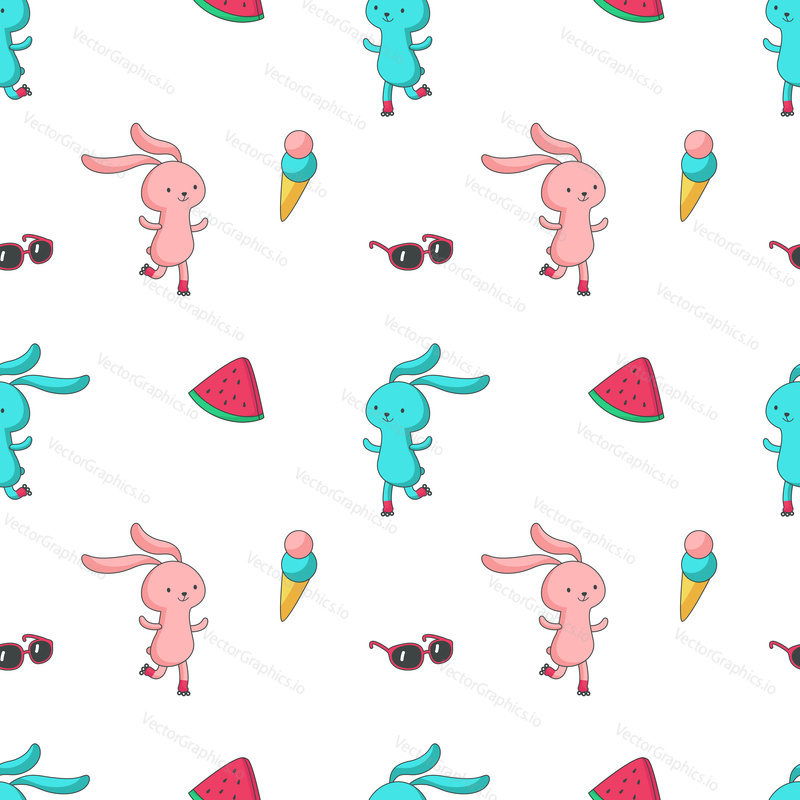 Summer seamless pattern. Vector hand drawn bunnies, sunglasses, ice cream cones and slices of watermelon.