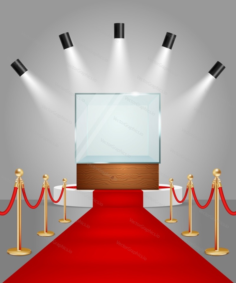 Illuminated white round podium with empty glass showcase, red carpet and gold rope barriers. Vector realistic illustration. Display case for presentation exhibition.