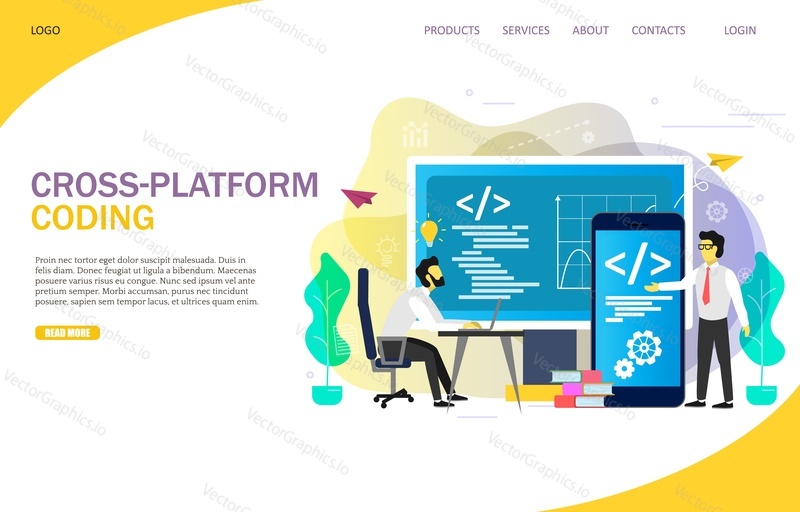 Cross-platform coding landing page website vector template. Engineers developing software for multiple operating systems or platforms computers mobile devices. Cross platform app development services.