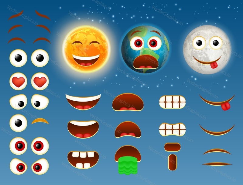 Sun Earth planet and Moon emoji maker, smiley creator. Vector set of emoticon body parts for your own cool emoji creation.