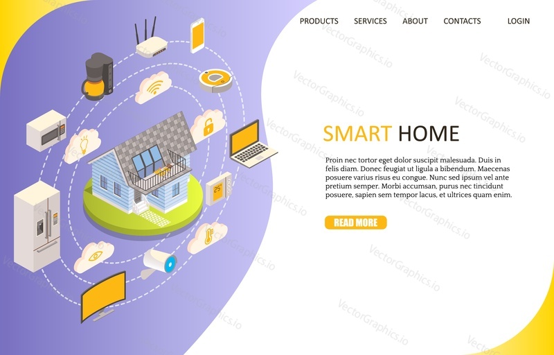 Smart home technology landing page website template. Vector isometric illustration. Home automation or internet of things concept.