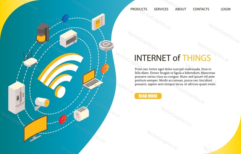 Internet of things landing page website template. Vector isometric illustration. Smart home technology, home automation or Iot concept.
