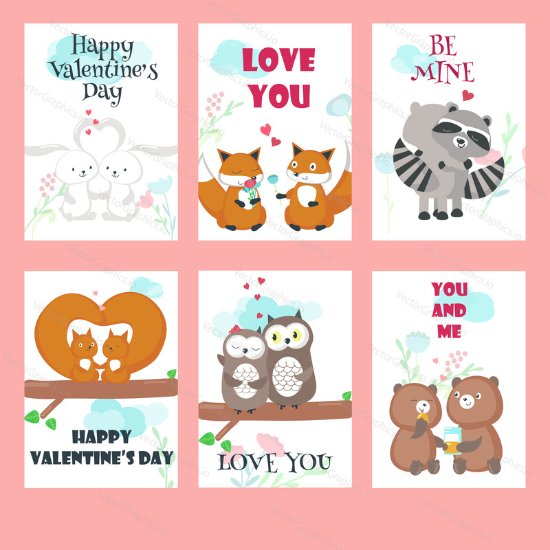 Vector set of Valentine day cards with cute animals couples and inspirational quotes. Happy loving bunnies, foxes, raccoons, squirrels, owls and bears hugging, holding hands, giving flowers.