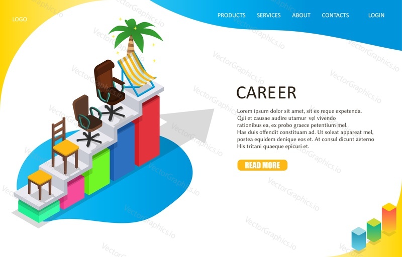 Career growth landing page website template. Vector isometric illustration of career ladder with different kinds of chairs from stool to deck chair and palm tree on top