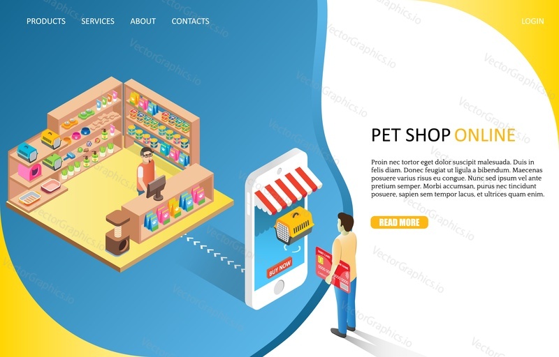 Pet shop online landing page website template. Vector isometric illustration of man buying cat dog carrier travel bag cage via smartphone. Online shopping, e-commerce concept.