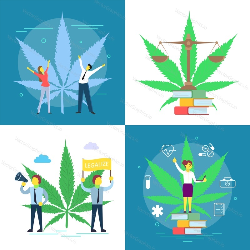 Плакат о легализации каннабиса, набор этикеток. Векторная плоская иллюстрация. Медицинская терапия марихуаной, потребление марихуаны и концепция освобождения.
