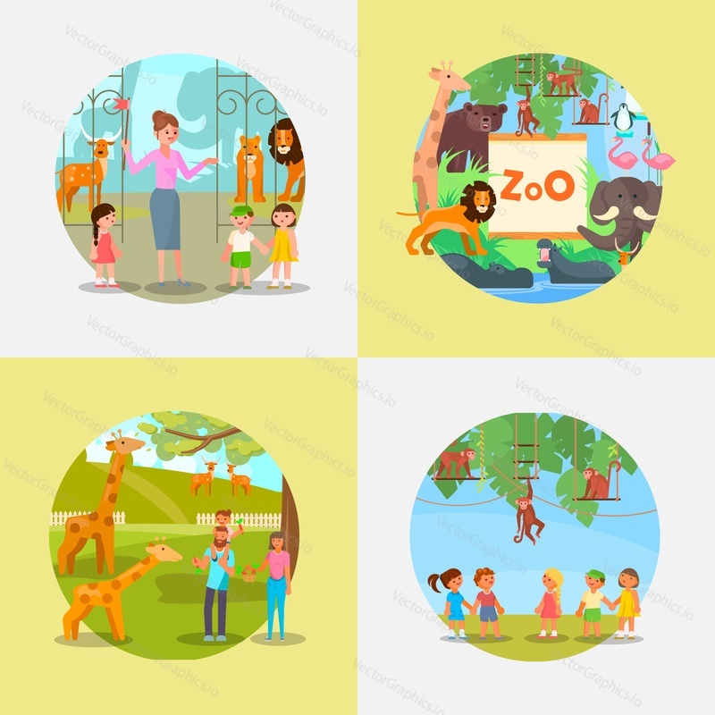Zoo set. Vector flat illustration. Zoo entrance, signage with exotic, woodland and polar animals. Happy family feeding carrots to baby giraffe, kids watching monkeys on rope ladder and swings.