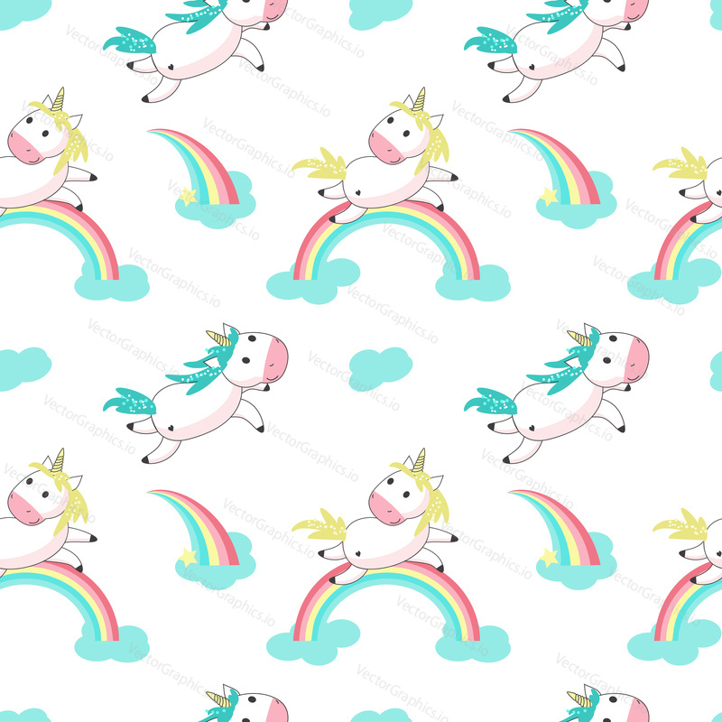 Magic unicorn seamless pattern. Vector hand drawn flying romantic unicorns with rainbows and clouds.