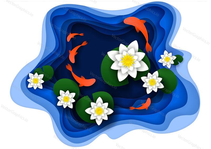 Water lily on lake with koi fish. Vector illustration in paper cut style.