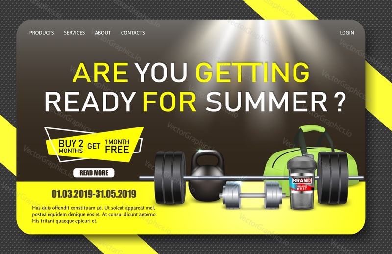Gym promo landing page website template. Vector realistic illustration of dumbbell, barbell, kettlebell, shaker. Bodybuilding and fitness sport club offers, discounts concepts.