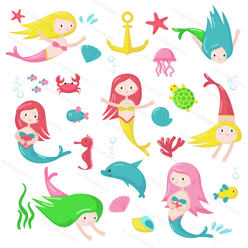 Cute mermaid icon set for greeting card, invitation, poster, sticker, print. Vector isolated illustration of beautiful swimming girls with dolphin, crab, jellyfish, starfish, fish, turtle and seahorse