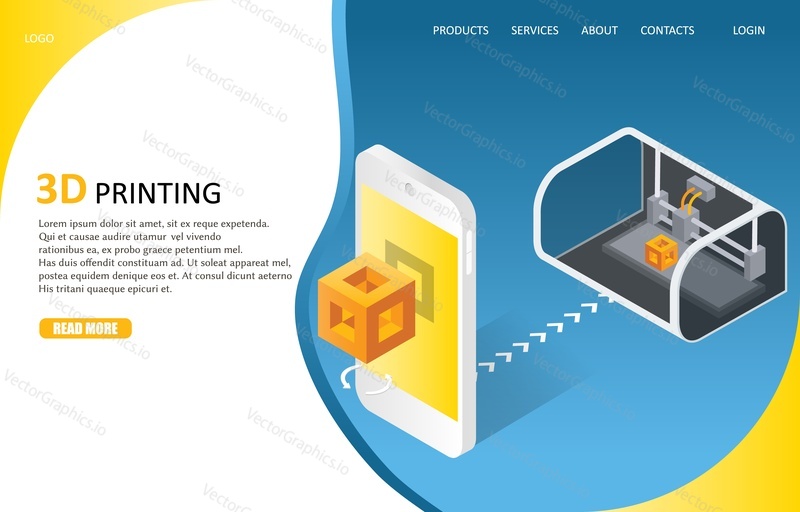 3D printing process landing page website template. Vector isometric illustration. Creation of three-dimensional plastic cube using 3d printer and mobile app. Technology of manufacturing and prototype.