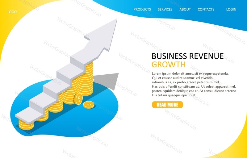 Шаблон веб-сайта целевой страницы для роста доходов бизнеса. Векторная изометрическая иллюстрация увеличивающегося графика. Концепция увеличения продаж.