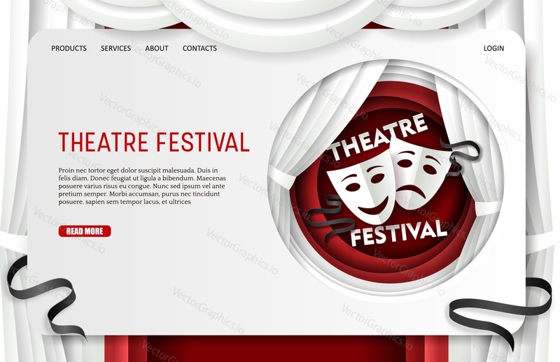 Theatre festival landing page website template. Vector paper cut theatre scene decorations, tragedy and comedy masks in circle. Theatrical performing art concept.