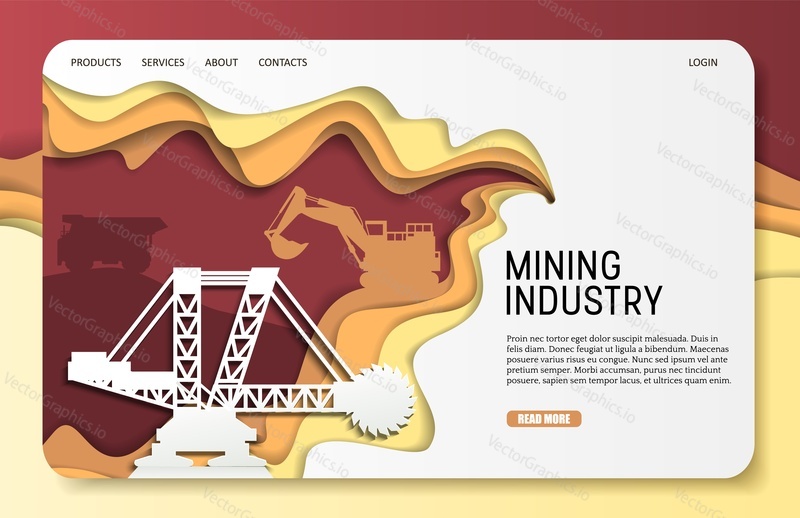 Mining industry landing page website template. Vector paper cut giant coal excavator, bulldozer. Extractive machinery and opencast mine.