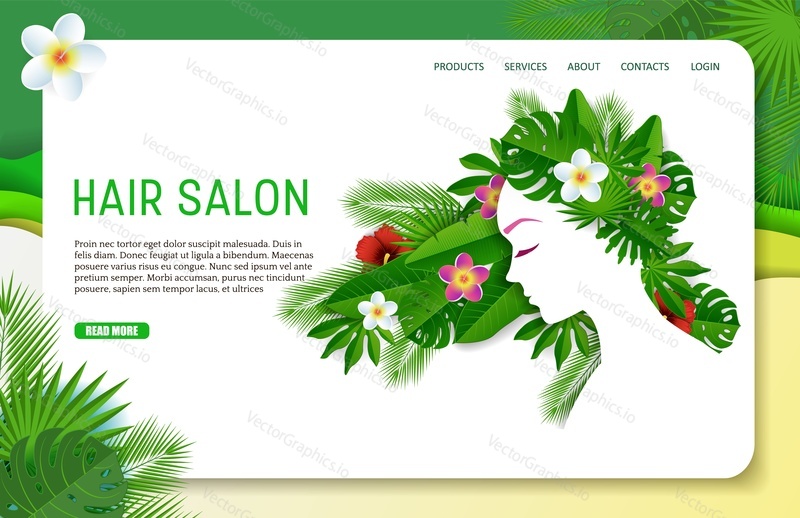 Hair salon landing page website template. Vector paper cut beautiful girl with long floral hair. Beauty and fashion, hairstyles concept.