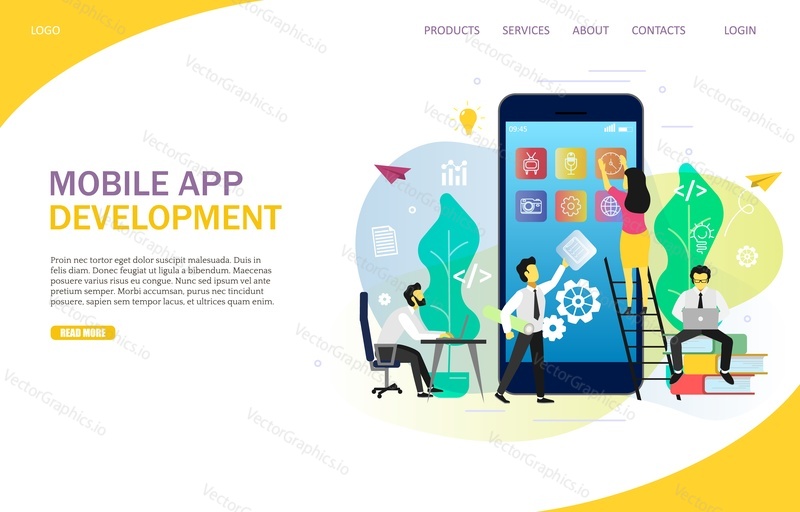 Mobile app development landing page website template. Vector illustartion. Application development services.