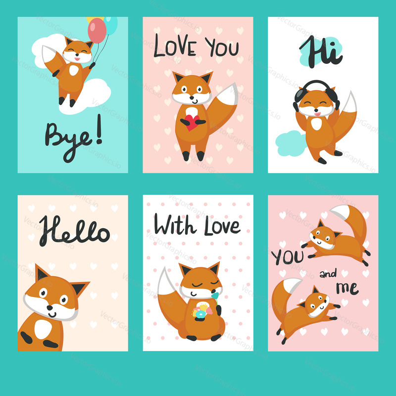 Valentine day greeting cards. Vector template set with cute foxes in love, hearts, flowers, balloons, handwritten text.