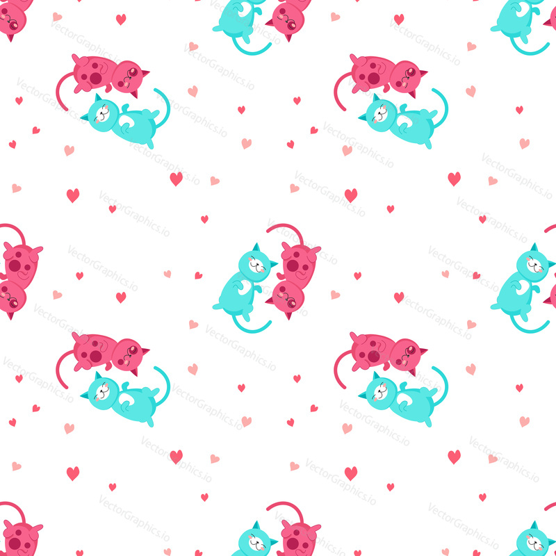 Vector seamless pattern with cute couple of cats in love. Happy romantic playful kittens with hearts background, wallpaper, fabric, wrapping paper.