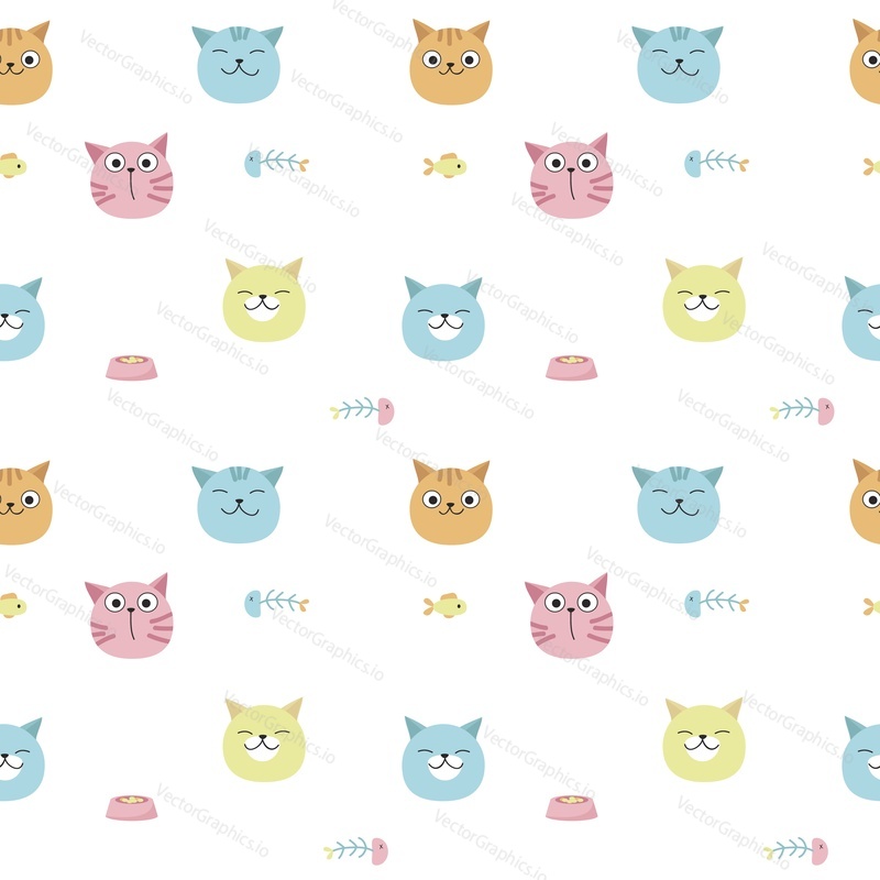 Funny cats vector seamless pattern. Creative design for fabric, textile, wallpaper, wrapping paper with cat heads, pet food, fish.