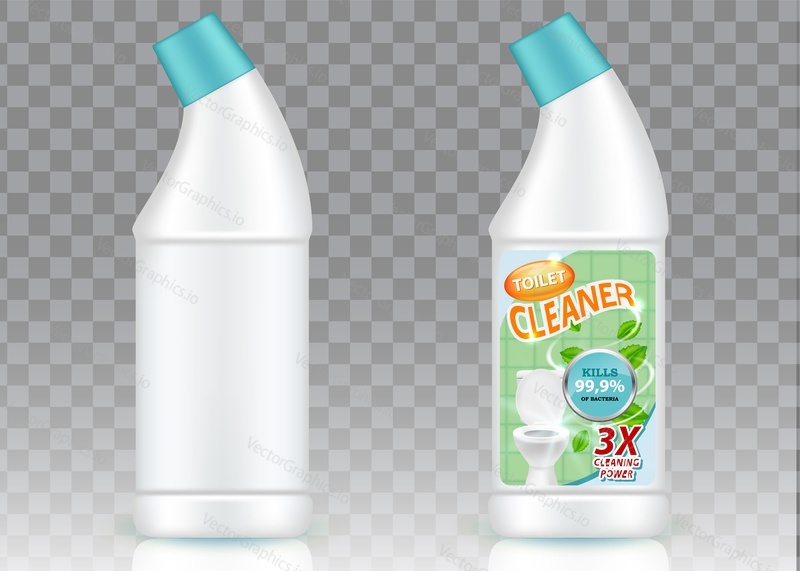 Toilet cleaner bottle packaging mockup set. Vector realistic illustration of white blank plastic bottle for liquid cleaning product and bottle with label isolated on transparent background.