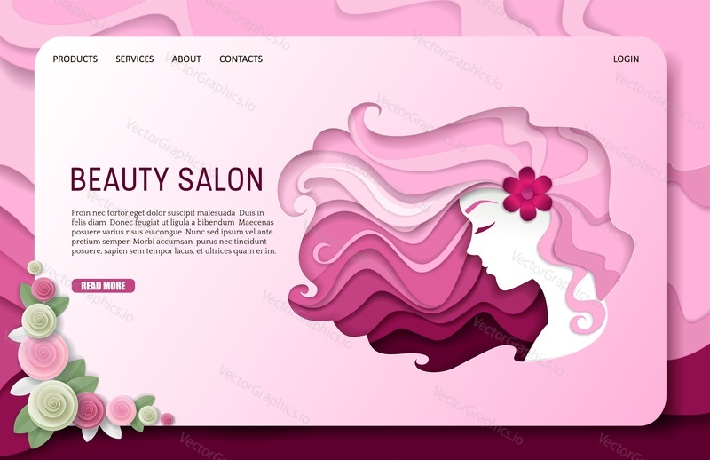 Beauty salon landing page website template. Vector paper cut beautiful girl with long wavy hair. Beauty and fashion, body care and hairstyles concept.