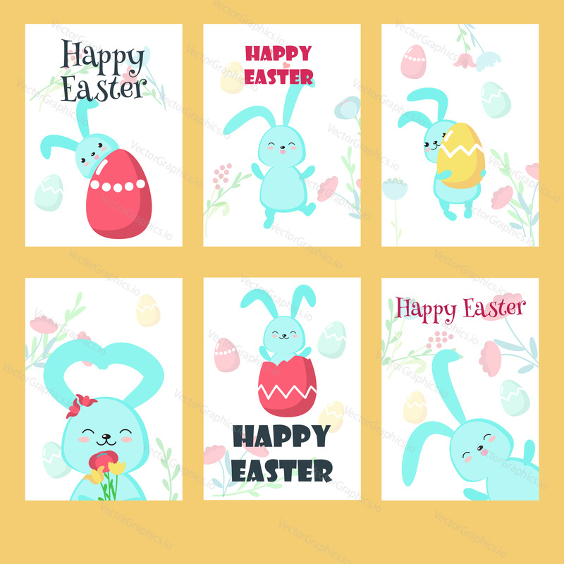 Vector set of greeting cards with Easter rabbits, paschal eggs, flowers and Happy Easter lettering. Spring holiday celebration poster design templates.