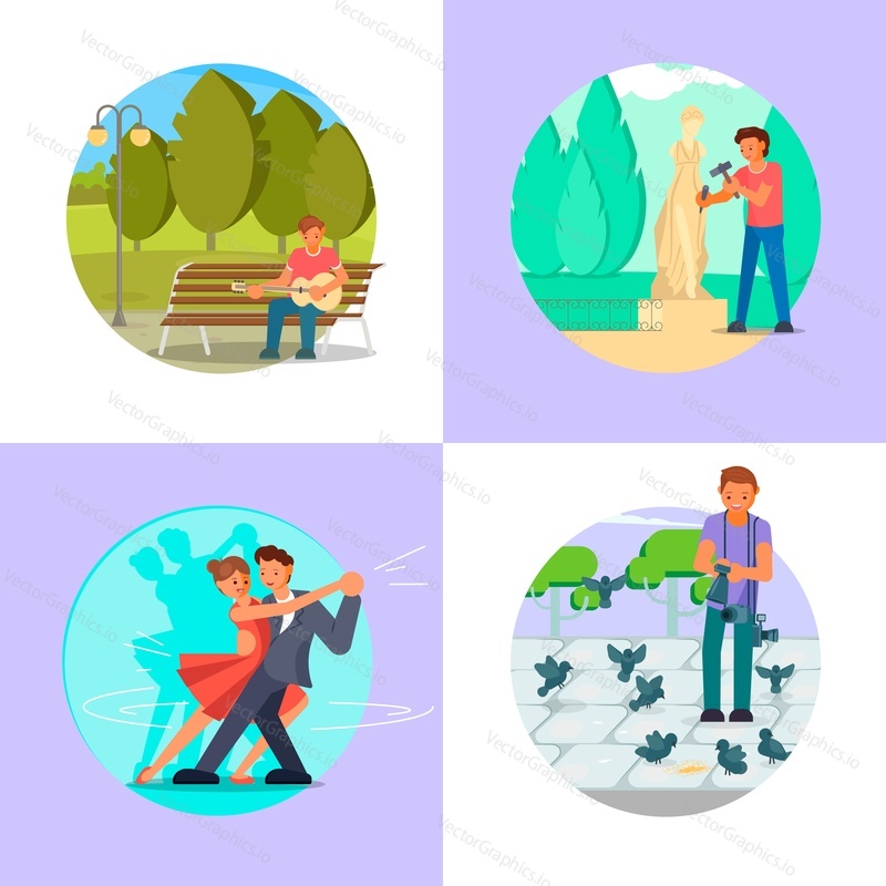 People enjoying their hobbies vector flat illustration. Guitar playing, sculpting, dancing, photography or video shooting. Music, arts and craft hobbies.