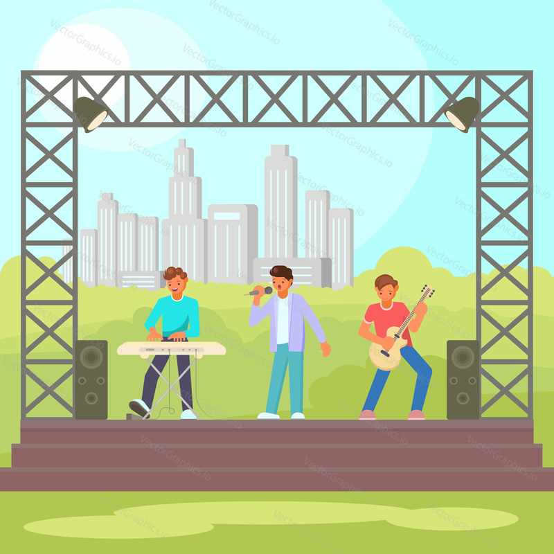 Vector illustration of musicians keyboardist, guitarist and singer performing on outdoor concert stage. Open-air concert, music festival concept flat style design element.