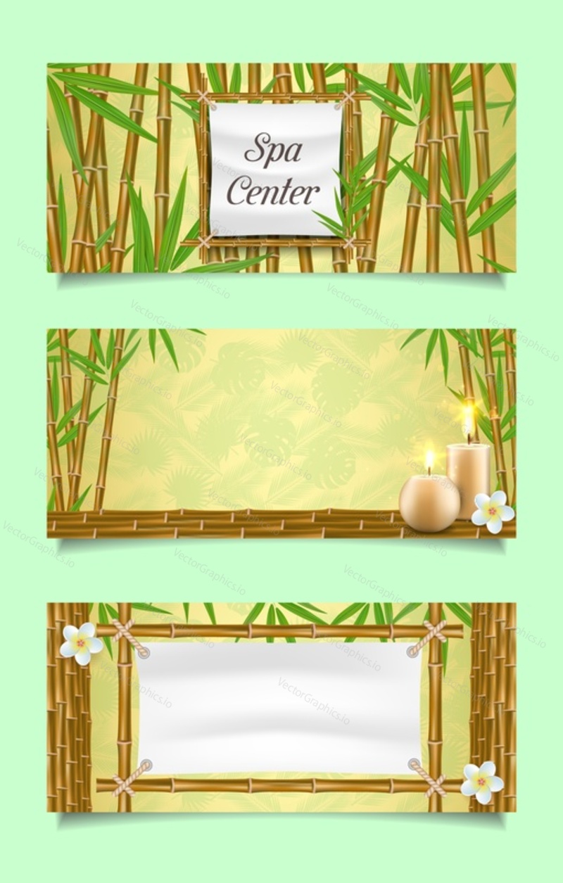 Набор шаблонов баннера спа-центра. Векторная реалистичная иллюстрация бамбуковых стеблей и листьев, ароматических свечей и цветов. Плакаты спа-салона красоты, открытки, веб-баннеры.
