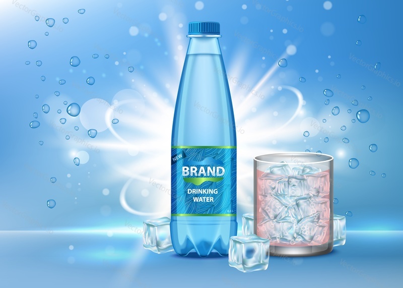 Drinking water ad vector realistic illustration. Glass of clean pure sparkling drink water and plastic bottle with label on blue background with bubbles, ice cubes. Brand advertising poster template.