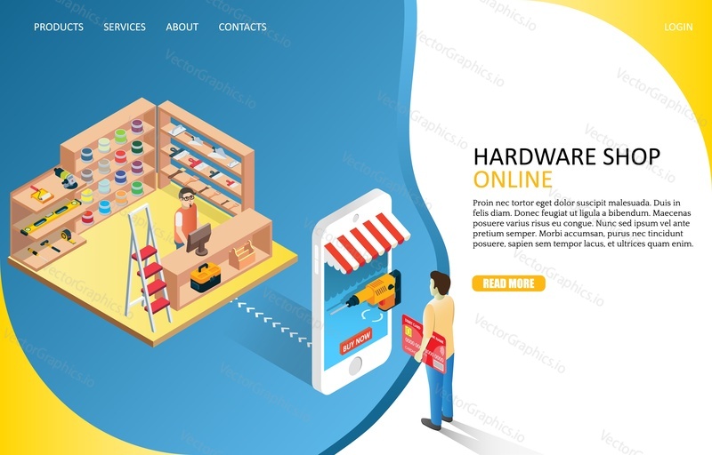 Hardware online shop landing page website template. Vector isometric illustration of man buying drill via smartphone. Online shopping, e-commerce concept.
