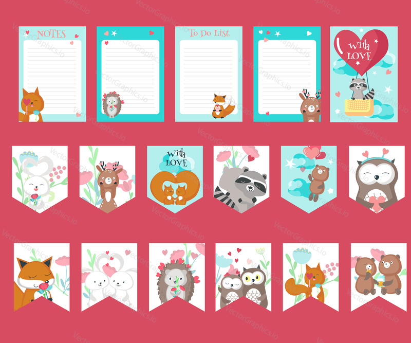 Vector set of love cards, gift tags, party flags, notepad sheets with cute animals. Happy loving bunny, fox, raccoon, owl, deer and bear with balloons, flowers, hearts and sweets.